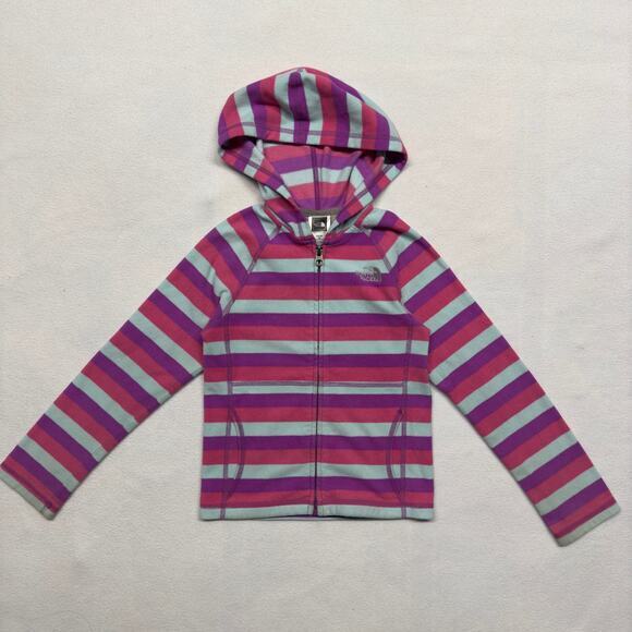THE NORTH FACE Girls XS (6) Pink‎ Striped Full Zip Fleece Hoodie Jacket Pockets - Picture 1 of 9